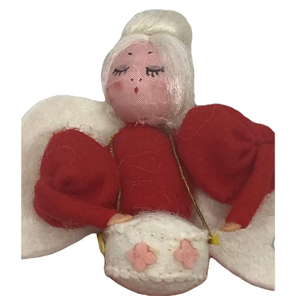Vintage Christmas Angel 4 7/8” Figure Felt Red White Gold Wings Drum Decor